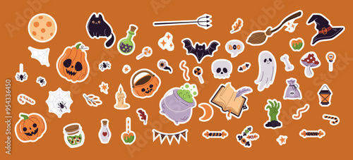 Cute Halloween party items flat vector illustration sticker pack. Children spooky holiday ornament colorful icons on orange background