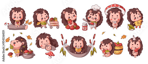 Photography Little Kawaii hedgehogs interesting activities flat color vector illustration set