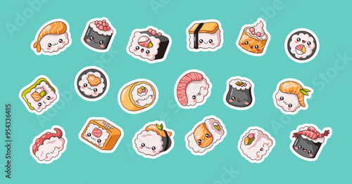 Lovely Kawaii sushi rolls happy faces flat vector illustration sticker pack. Traditional Japanese seafood cuisine colorful icons set on green background