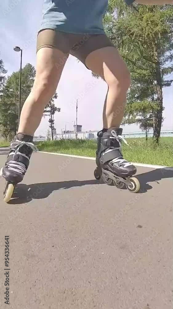 Close-up of female legs. Woman roller skating in summer. Vertical video. Close-up of female legs. Woman roller skating in summer. Vertical video.