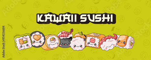 Cute Kawaii sushi rolls characters set color vector banner design. Traditional Asian delicacy restaurant cartoon composition advertising template