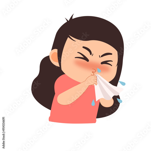 Cartoon illustration of a cute girl sneezing on a tissue paper
