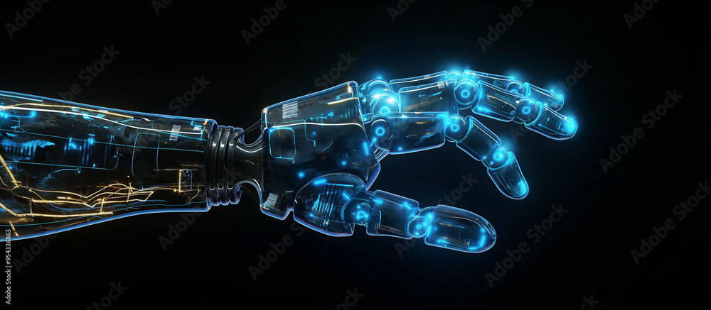 Naklejka premium Robotic hand arm illuminated by blue light exhibits a futuristic and sophisticated technology design on black background. Artificial intelligence concept