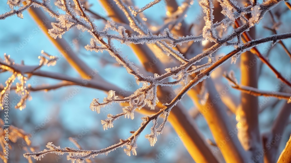 Frost covering the branches of a tree in the early morning, cold weather, winter beauty Frost covering the branches of a tree in the early morning, cold weather, winter beauty