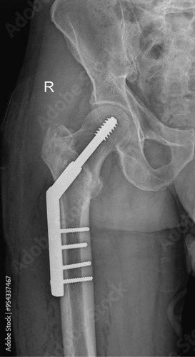 Hip Joint X-ray Showing Post-Fixation of Femoral Neck Fracture Screws photo