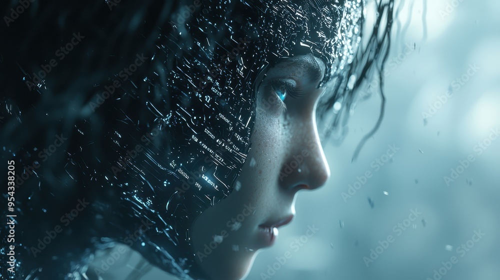 Cyberpunk Woman with Digital Overlay and Glitch Effects Cyberpunk Woman with Digital Overlay and Glitch Effects