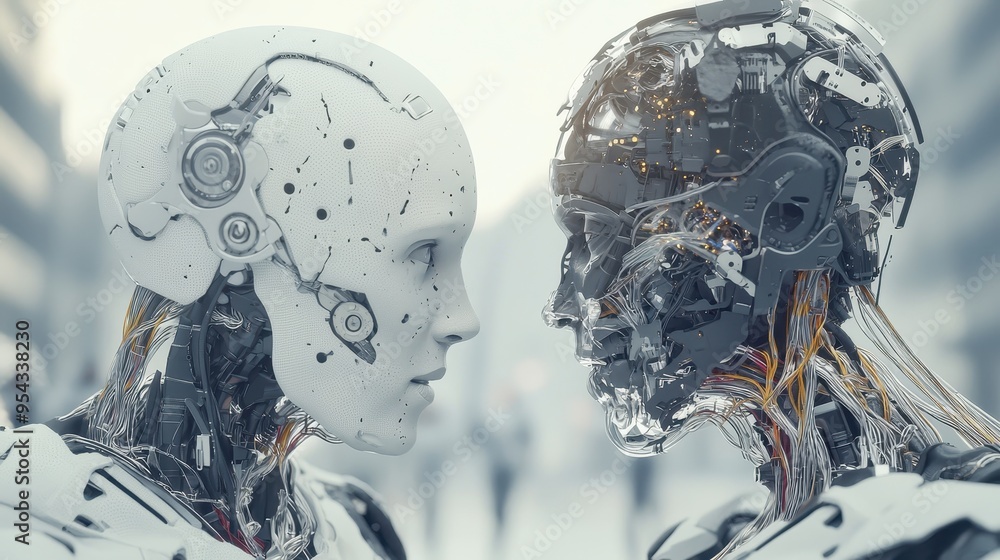 Futuristic Robot Heads Facing Each Other Futuristic Robot Heads Facing Each Other
