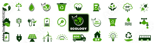 Green energy icon set. Collection of renewable energy, ecology and green electricity icons. Ecology concept.Contains such icons as CO2 neutral, solar, geothermal and wind energy and more