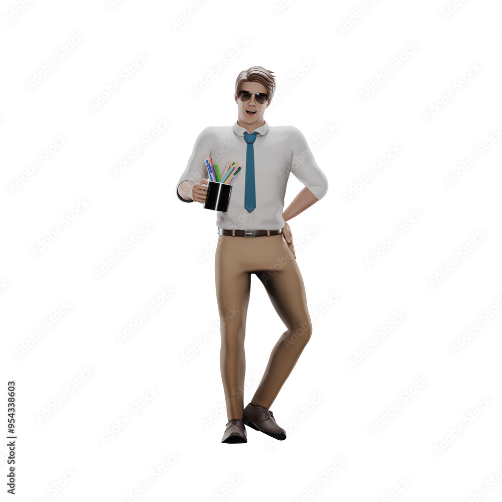 3D Model of Professional Male Teacher. A male teacher stands casually holding a cup filled with stationery. Cartoon 3D Model of Professional Male Teacher. A male teacher stands casually holding a cup filled with stationery. Cartoon