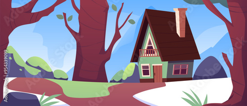 Vector illustration a wooden house with a chimney on the background of a spring forest