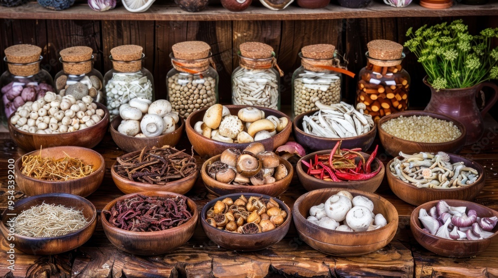Fototapeta premium Assorted traditional medicinal ingredients in wooden bowls on a rustic shelf, including mushrooms, roots, and dried herbs.