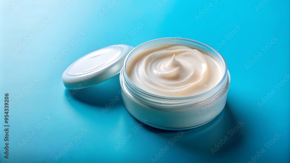 Closeup of White Cream in a Jar on a Blue Background. Closeup of White Cream in a Jar on a Blue Background.