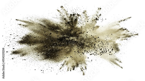Abstract Powder Explosion with Chili Powder Centered, Dust Particles Flying, Creative Concept for Design and Decoration. High-Definition Abstract Shape and Texture in a White Background