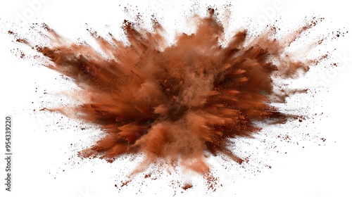 Abstract Powder Explosion with Chili Powder Centered, Dust Particles Flying, Creative Concept for Design and Decoration. High-Definition Abstract Shape and Texture in a White Background