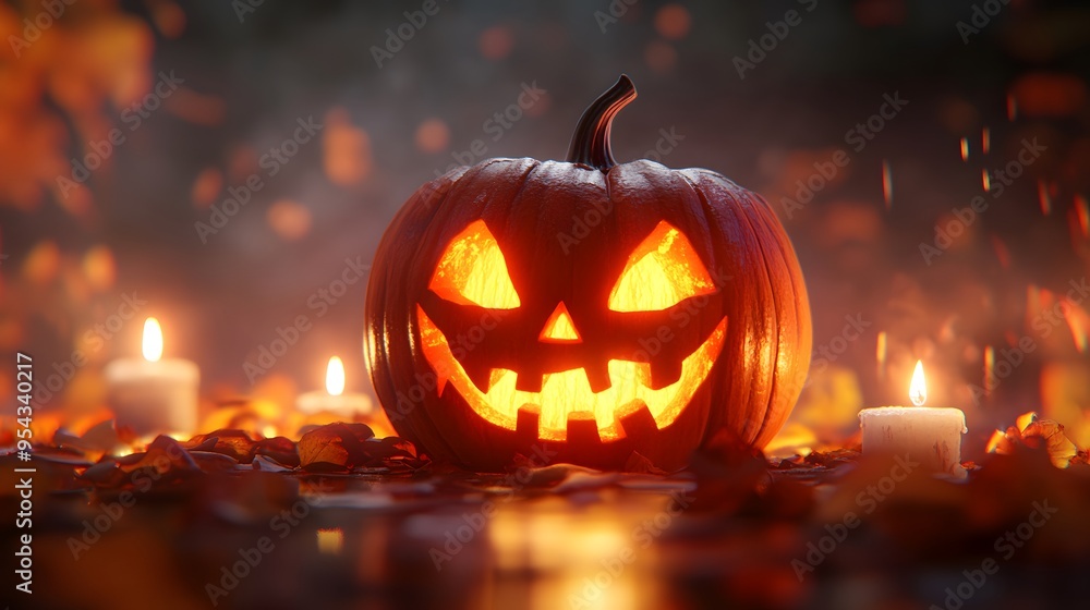 Glowing Jack-o'-Lantern with candles in a dark, festive Halloween night scene, surrounded by autumn leaves providing eerie atmosphere. Glowing Jack-o'-Lantern with candles in a dark, festive Halloween night scene, surrounded by autumn leaves providing eerie atmosphere.