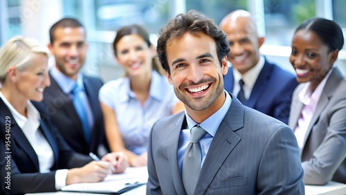 Confident Businessman Smiling at Camera in Meeting.