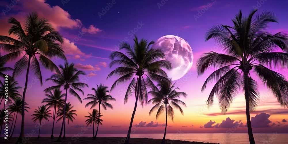Tropical dusk scene with palm trees framing a purple sunset and the moon , tropics, dusk, palm trees, shoreline, moon, purple Tropical dusk scene with palm trees framing a purple sunset and the moon , tropics, dusk, palm trees, shoreline, moon, purple