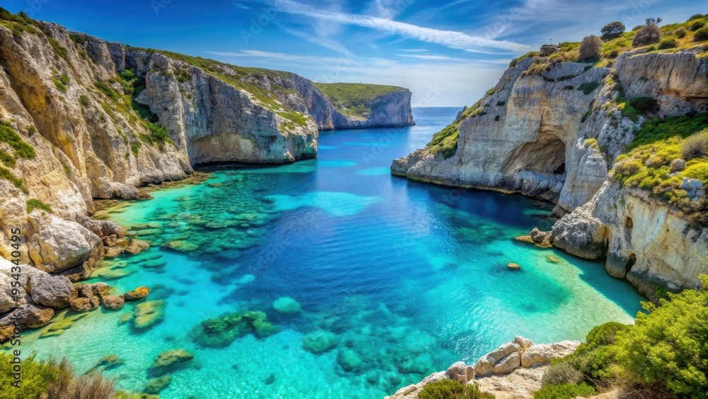 Turquoise Ionian sea lagoon surrounded by rocky cliffs at Porto Limnionas Beach in Zakynthos, Greece Turquoise Ionian sea lagoon surrounded by rocky cliffs at Porto Limnionas Beach in Zakynthos, Greece