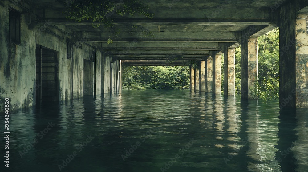 Flooded Underpass with Green Trees and Water Flooded Underpass with Green Trees and Water