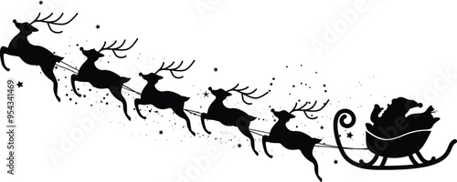 Santa Claus on sleigh flying sky with reindeers black vector silhouette on white background. illustration design for winter holiday decoration, Christmas greeting card and Happy new year.
