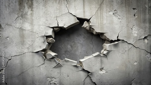 Cracked broken hole in concrete wall , damaged, decay, deteriorated, broken, weathered, destruction, ruined, old, gritty