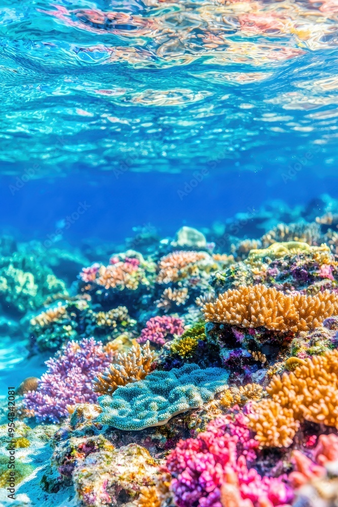 Obraz premium Underwater Coral Reef Scene with Vibrant Colors and Sunlight