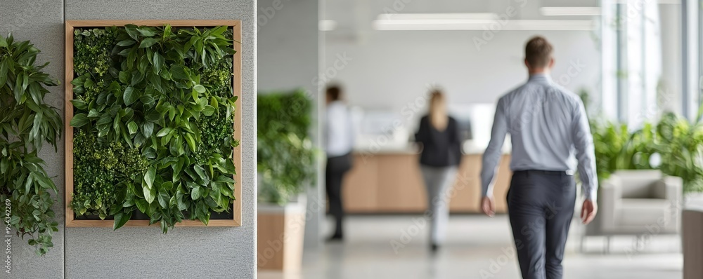 Biophilic design in a corporate office, featuring a lush green wall as employees walk through the modern space Biophilic design in a corporate office, featuring a lush green wall as employees walk through the modern space