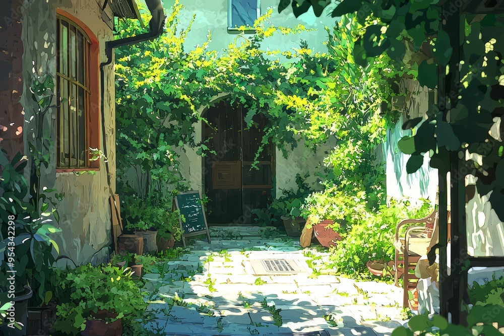 Obraz premium Enjoying a tranquil afternoon in a charming courtyard with lush greenery. Cozy vibe, Generative AI