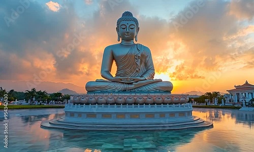 Majestic Statue of Buddha at Sunrise with Reflections in Tranquil Surroundings