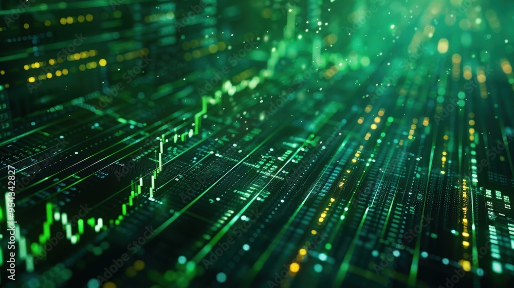 Green financial stock market graph with fluctuating data, shown in close-up on a dark background for market analysis.. Green financial stock market graph with fluctuating data, shown in close-up on a dark background for market analysis..