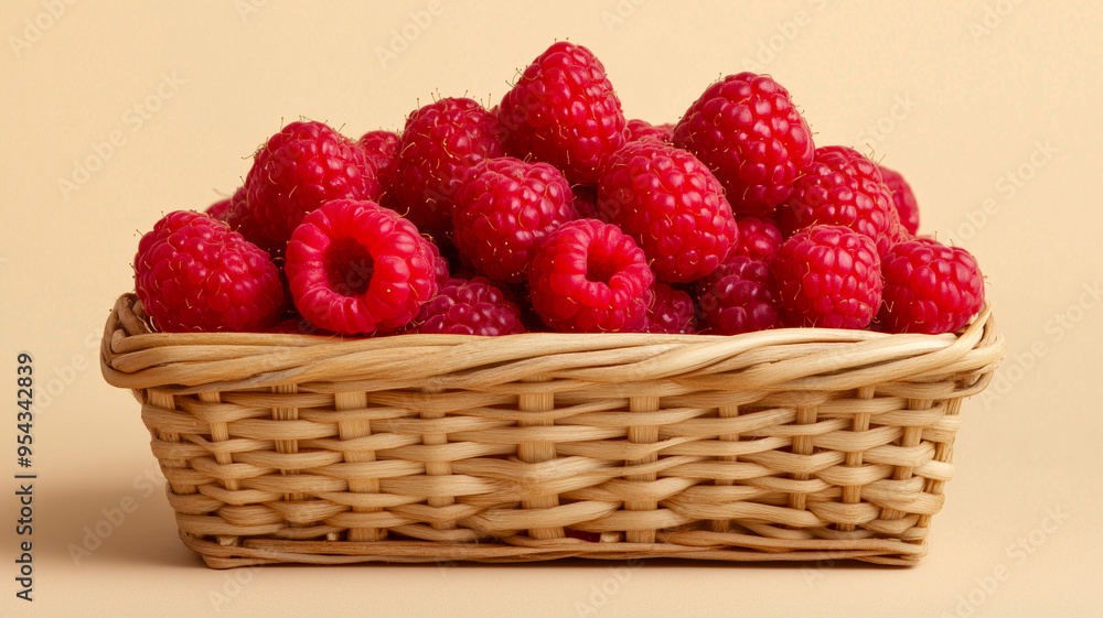 A basket filled with ripe raspberries sits against a beige background. A basket filled with ripe raspberries sits against a beige background.