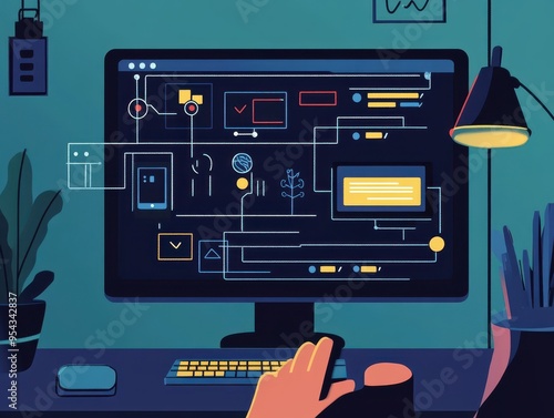 Wallpaper Mural A colorful digital workspace featuring a computer screen displaying various technological elements and a hand engaged in work. Torontodigital.ca