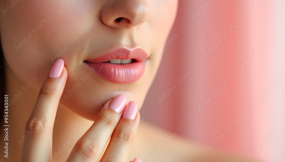 Obraz premium Woman with Pink Fingernails Gently Touching Her Lips