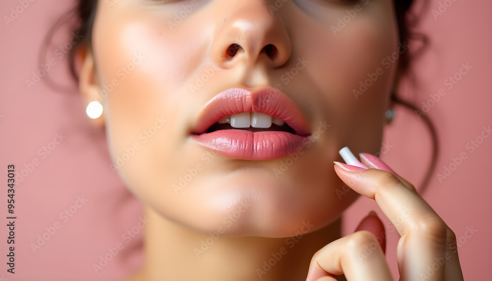 Fototapeta premium Close-Up of a Woman Touching Her Lips with Pink Fingernails