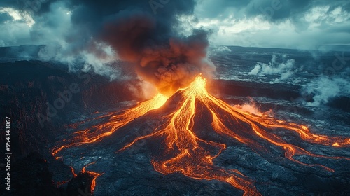 Active Volcano Erupts with Lava Flows and Smoke Plumes