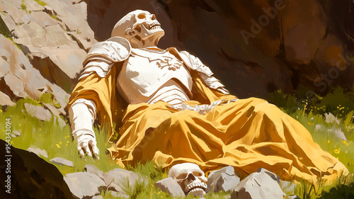 A digital painting depicts a skeletal warrior in armor, reclining amidst nature. photo