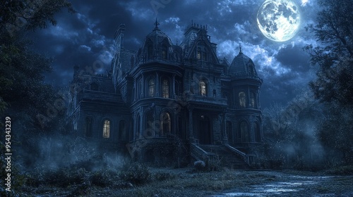 A spooky mansion illuminated by a full moon, with ghostly figures peering from the windows.