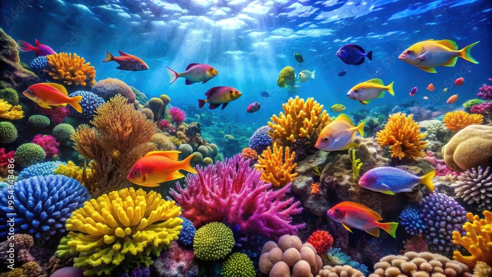 Naklejka premium Colorful coral reef teeming with bright fish swimming among vibrant sea plants, coral reef, underwater, marine life