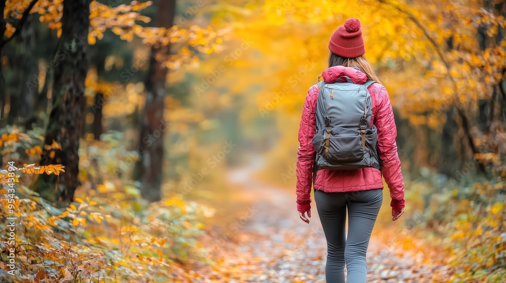 Woman with backpack walking on a leaf-covered path through a vibrant autumn forest. Woman with backpack walking on a leaf-covered path through a vibrant autumn forest.