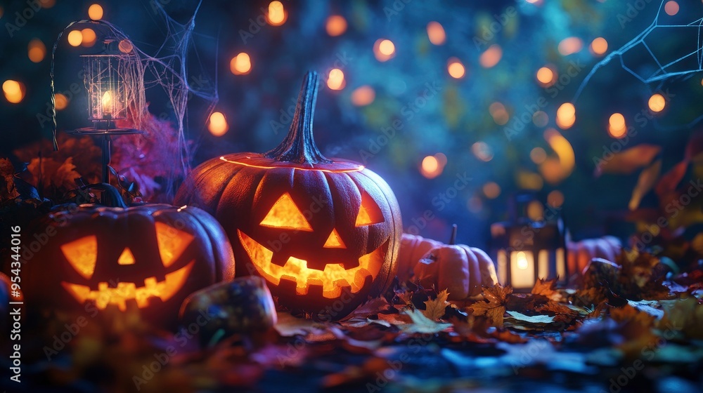 A vibrant and spooky festive composition for a Halloween party features a blend of carved pumpkins, eerie decorations, spooky lanterns, and festive treats. A vibrant and spooky festive composition for a Halloween party features a blend of carved pumpkins, eerie decorations, spooky lanterns, and festive treats.