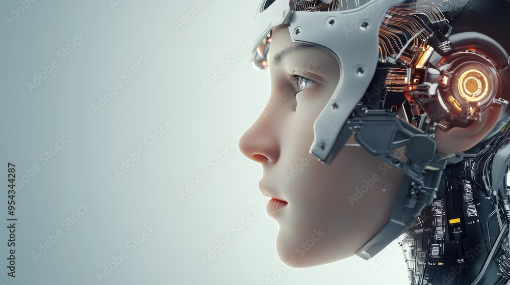 Cyborg Woman with Mechanical Head and Artificial Intelligence Cyborg Woman with Mechanical Head and Artificial Intelligence
