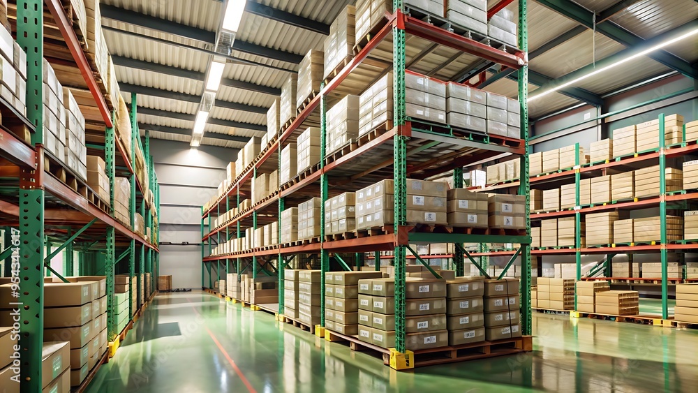 Fototapeta premium Warehouse with Cardboard Boxes on Shelves.