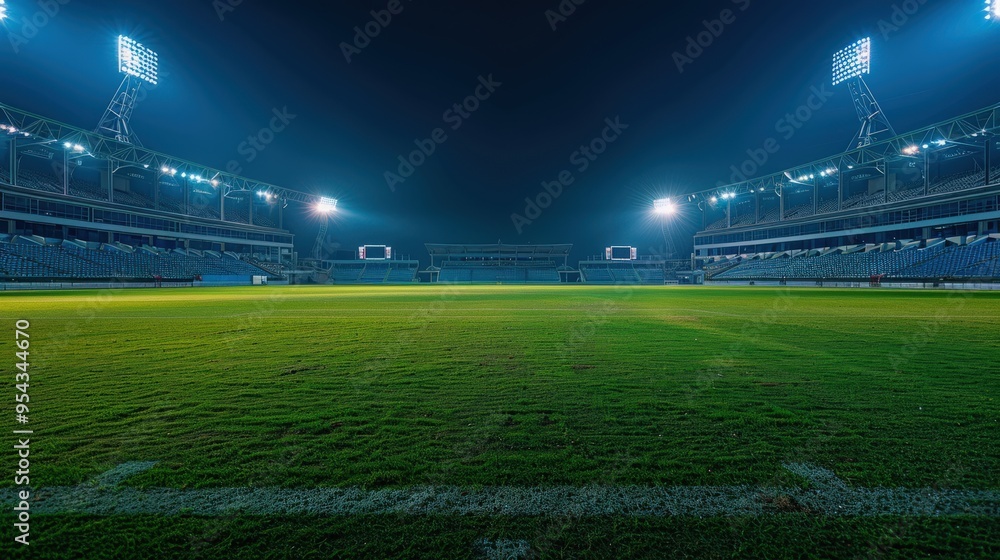 Nighttime view of an illuminated stadium with green grass and empty seats, prepared for a sports event or concert.. Nighttime view of an illuminated stadium with green grass and empty seats, prepared for a sports event or concert..