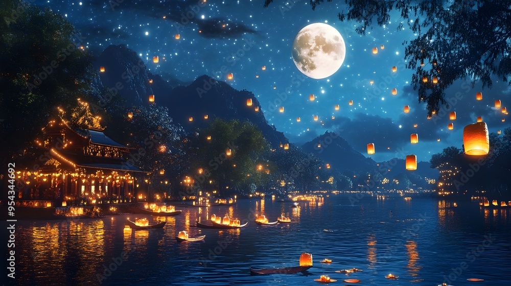 Dreamy and magical night scene with a river illuminated by a full moon and filled with floating krathongs and lanterns creating a festive and serene atmosphere under a sparkling starry sky Dreamy and magical night scene with a river illuminated by a full moon and filled with floating krathongs and lanterns creating a festive and serene atmosphere under a sparkling starry sky