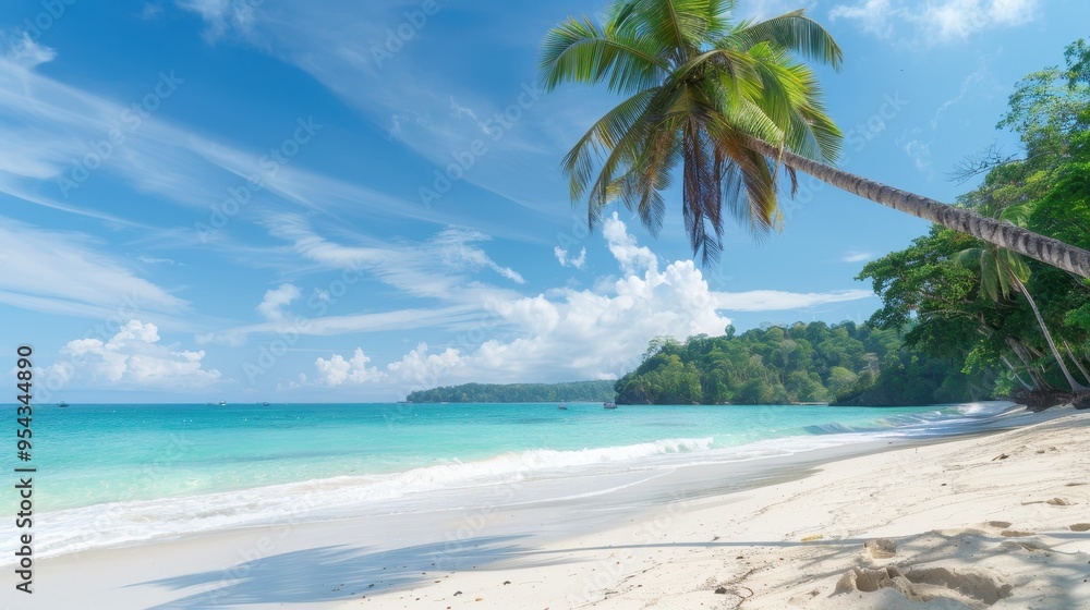 Tropical Escape, a stunning beach scene featuring swaying palm trees, vibrant turquoise waters, soft white sands, and a serene atmosphere perfect for relaxation and rejuvenation. Tropical Escape, a stunning beach scene featuring swaying palm trees, vibrant turquoise waters, soft white sands, and a serene atmosphere perfect for relaxation and rejuvenation.
