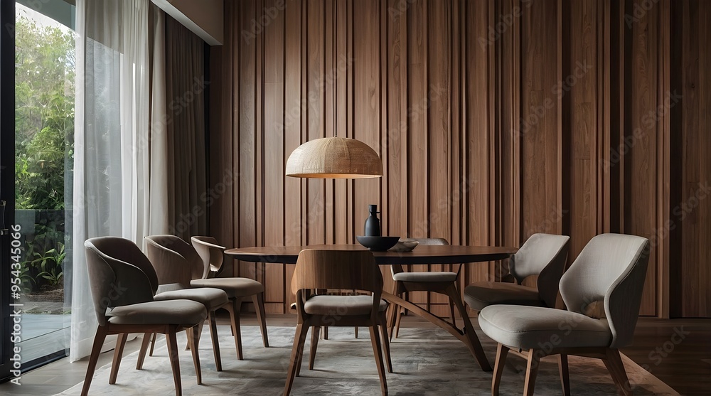 Sleek Minimalist Dining Room: Abstract Wood Paneling and Arched Wall Sleek Minimalist Dining Room: Abstract Wood Paneling and Arched Wall