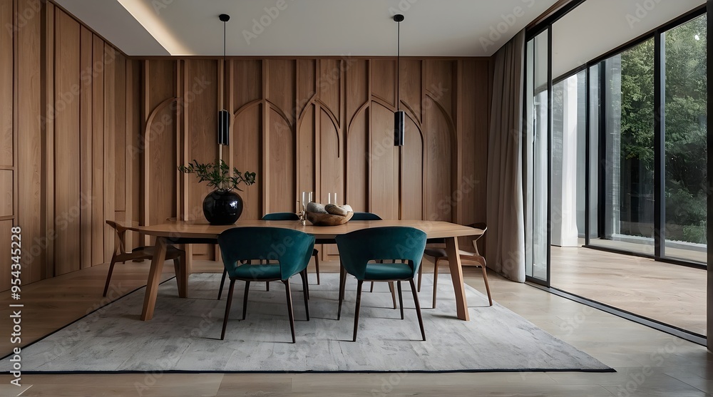 Fototapeta premium Sleek Minimalist Dining Room: Abstract Wood Paneling and Arched Wall
