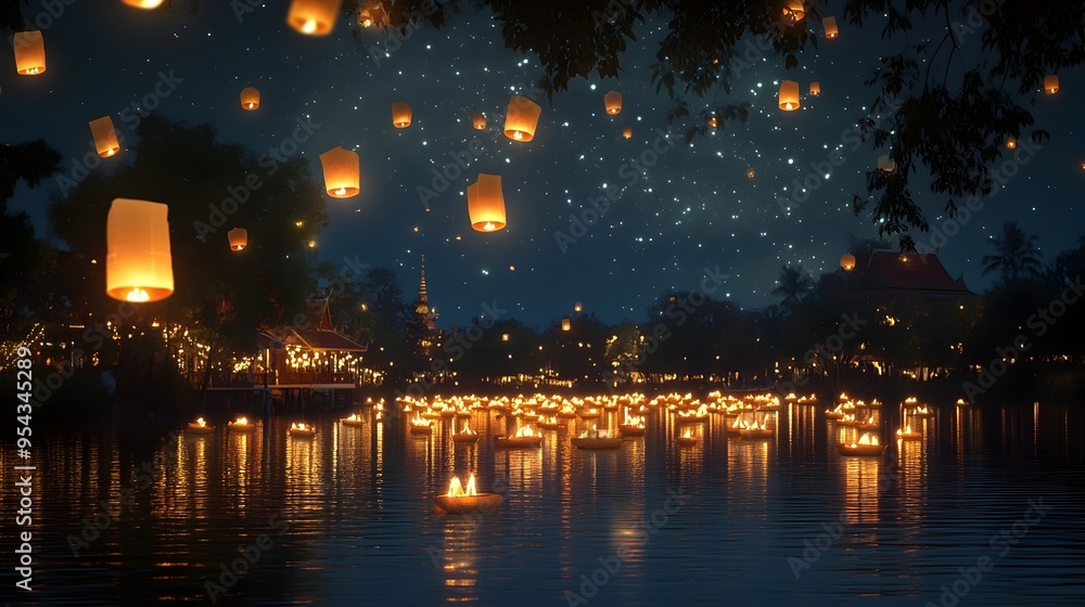 Dreamy and serene Loy Krathong festival scene by the riverside with glowing krathong floating on the water twinkling stars filling the night sky and lanterns creating a magical enchanting atmosphere Dreamy and serene Loy Krathong festival scene by the riverside with glowing krathong floating on the water twinkling stars filling the night sky and lanterns creating a magical enchanting atmosphere