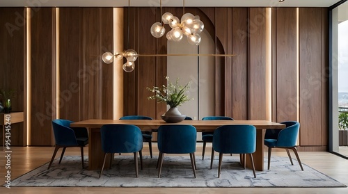 Sleek Minimalist Dining Room: Abstract Wood Paneling and Arched Wall