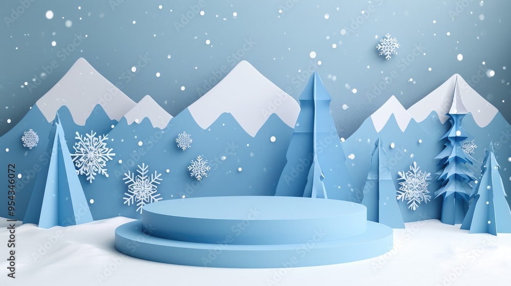 Empty round podium with paper mountains and snowflakes for winter-themed product display branding